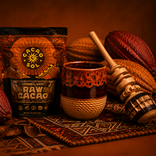 Complete ceremonial cacao kit with pure cacao, wooden molinillo, and clay cup