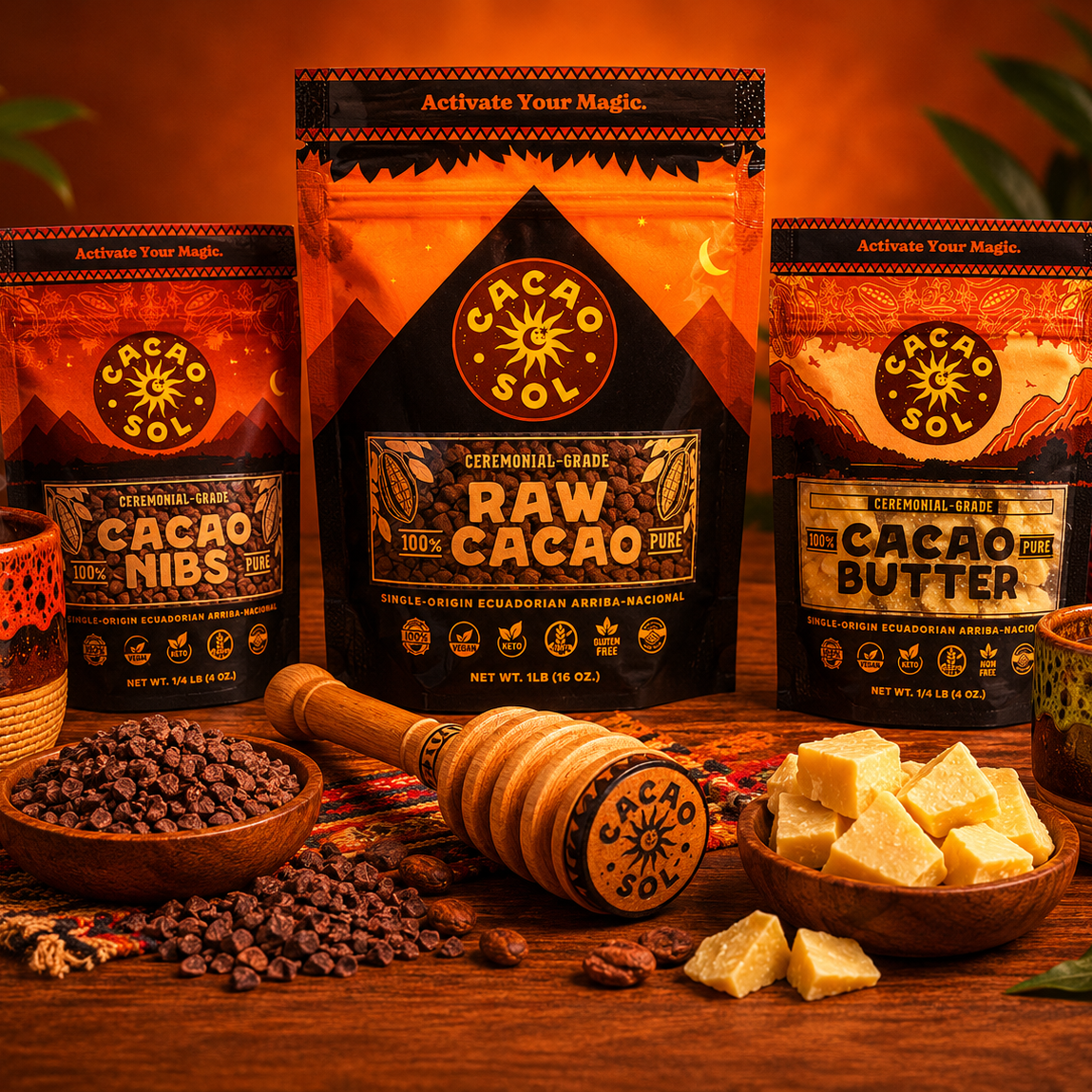 Cacao Sol starter bundle with pure ceremonial cacao and ritual tools