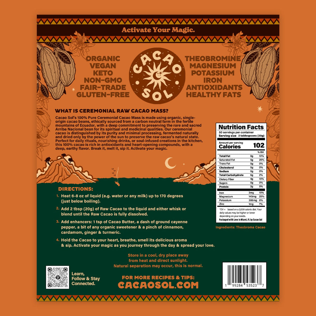 Cacao Sol product packaging with nutritional information and directions on an orange background