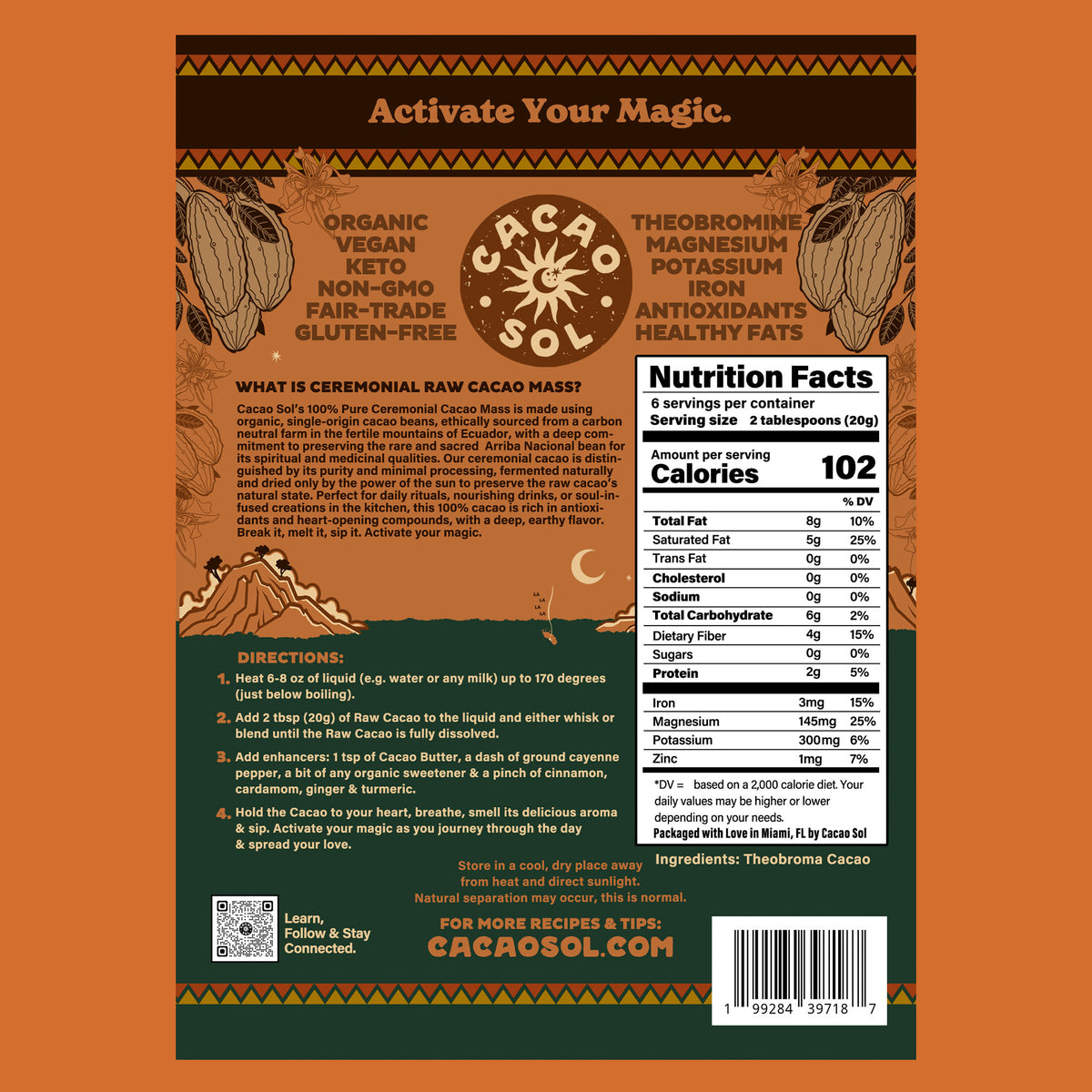 Cacao Sol product label with nutritional information and directions on an orange background