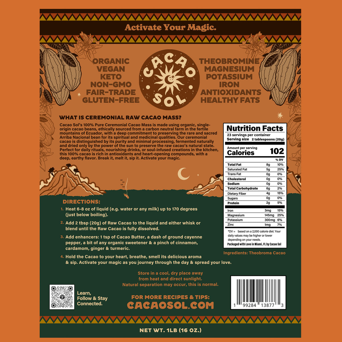 Cacao Sol product packaging with nutritional information and branding on an orange background